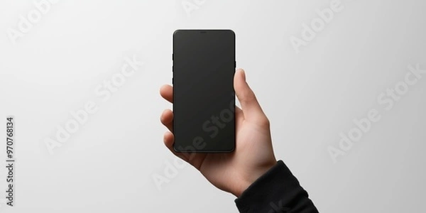Fototapeta A hand holding a black smartphone against a light background, showcasing a minimalist and modern design with focus on the phone.