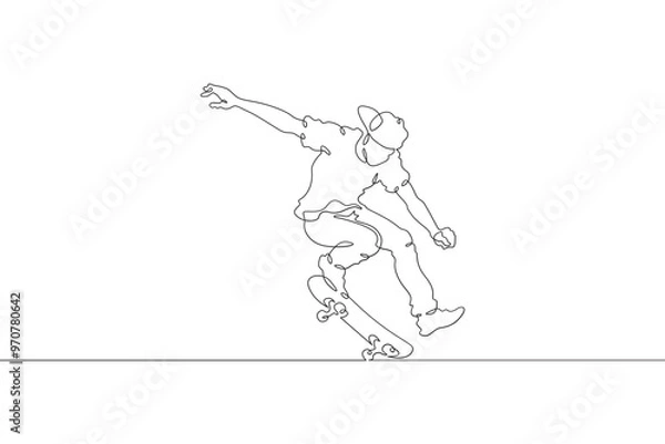 Fototapeta Continuous one line drawing skateboarder on a skateboard. Extreme sport. Skateboarder in a jump. Dangerous trick. One continuous line isolated minimal illustration.