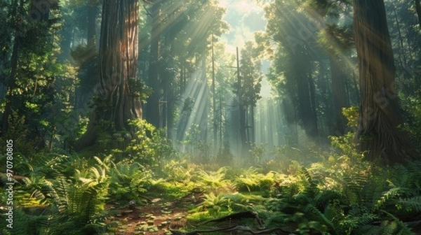 Fototapeta Ancient redwood forest with towering trees, misty atmosphere, and a forest floor covered in ferns