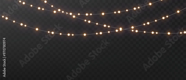 Obraz Christmas string lights isolated. Glowing realistic garlands on dark background. Holiday shimmering lights.