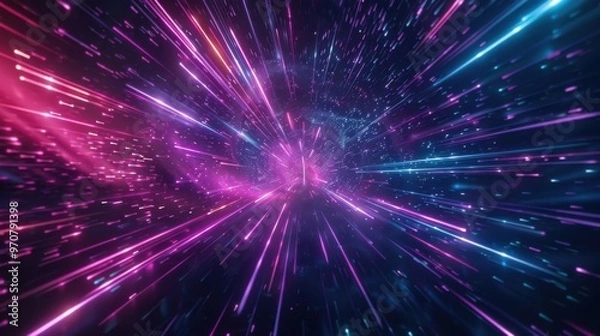 Fototapeta Hyperspace Stars Travel, Time warp, traveling in space, Abstract flight in retro neon hyper warp space in the tunnel, high speed wave lines and flare lights backgrounds