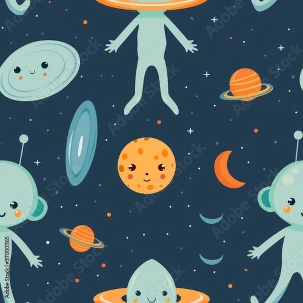 Fototapeta Cartoon Aliens and Planets: A Playful Cosmic Pattern for Kids