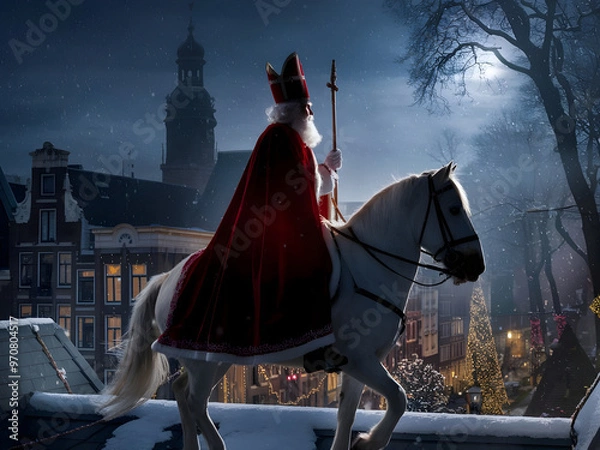 Obraz A cinematic shot of Sinterklaas riding a horse over the rooftops on December 5th during Pakjesavond .The ground is covered in snow, and the moon is shining through the trees, AI Generated