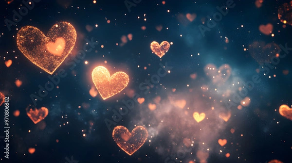 Fototapeta A dreamy night sky filled with glowing love hearts creating a magical and romantic atmosphere