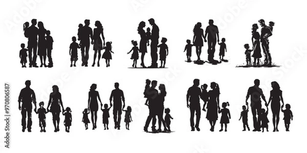 Fototapeta Vector set illustration: black silhouettes of people man and woman with children. Happy family.