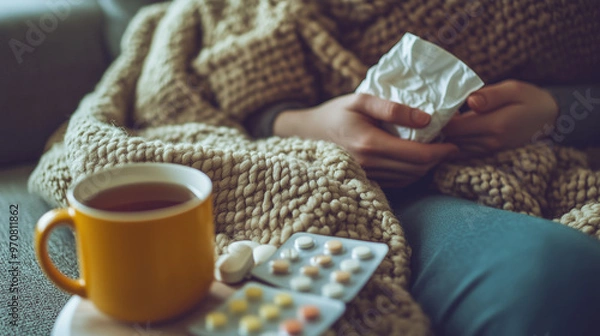 Obraz A person wrapped in a thick blanket, holding tissues, with a cup of tea and various medications on a table, suggesting they're feeling unwell.