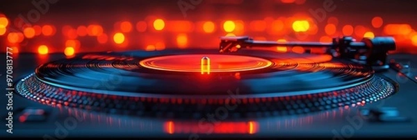 Obraz DJ Turntable with Red Lights and Bokeh Background
