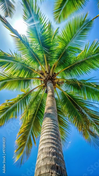 Fototapeta A towering palm tree stretches towards the bright blue sky, its lush green fronds illuminated by the sun. The warm sunlight filters through the leaves, creating a serene tropical atmosphere