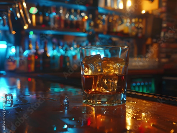 Fototapeta Strong alcohol in a glass with ice on the bar counter. Neural network AI generated art