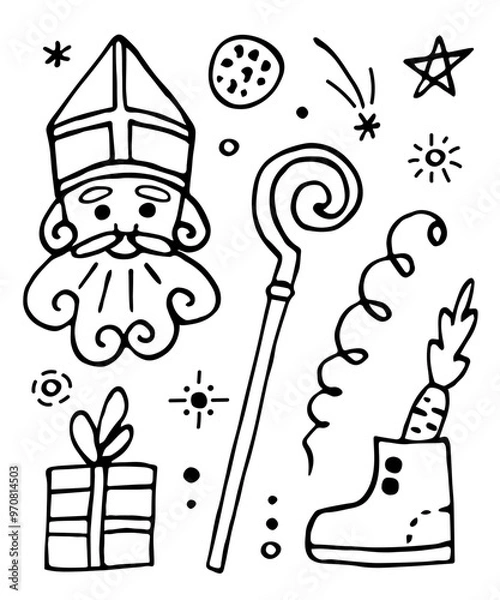 Obraz Simple vector drawing with black outline. Sinterklaas, St. Nicholas Day. Set of doodle elements, ink sketch.