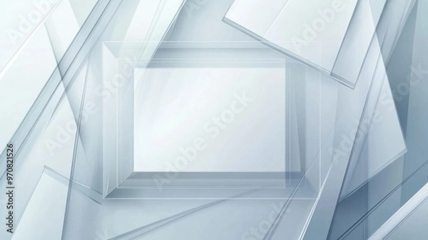 Fototapeta Abstract background with white and gray colors, a transparent glass box frame, and a square shape of light gray color.
