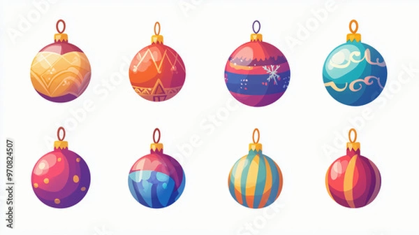 Obraz Various Christmas ornament decorations, shiny baubles for the winter holiday. White background. Flat vector icon.