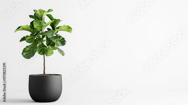 Fototapeta Fiddle Fig tree in a minimalist black pot, placed on a pure white background