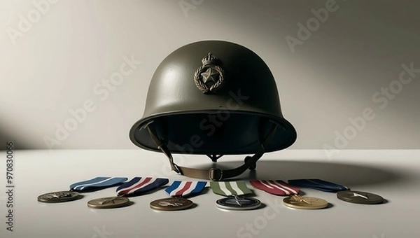 Obraz Veterans Day, World War II Helmet and Medals, Ai generated Images