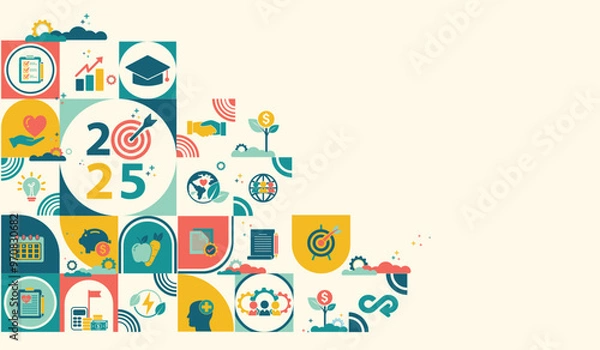 Obraz 2025 new year goal plan action with target icons, Business , financial, health care, environment, education plan and strategies. Annual plan and development for achieving goal to success. Vector set.