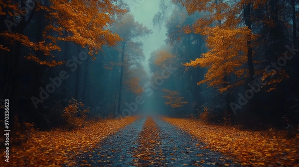 Obraz A foggy forest path lined with vibrant orange and blue leaves creates serene and mystical atmosphere. tranquil scene invites exploration and reflection