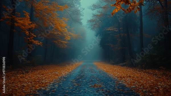 Fototapeta A foggy forest with orange and blue leaves creates serene atmosphere. path leads through mist, inviting exploration and reflection amidst natures beauty