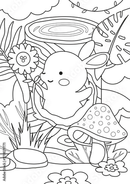 Fototapeta Coloring page outline of a cute bunny pop up from the tree hole