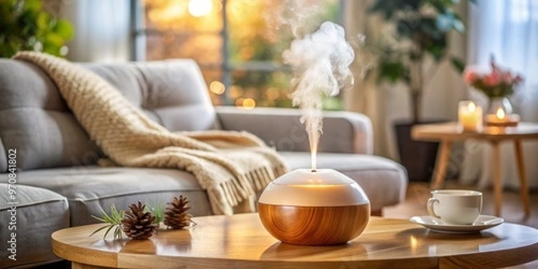 Fototapeta Fragrant mist wafts from an aromatic glass diffuser, filling a cozy living space with a soothing ambiance, promoting