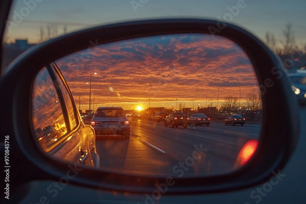 Obraz Photo of the rearview mirror in an SUV, reflecting cars on the left and right side driving away from the camera towards the sunset. Created with Ai
