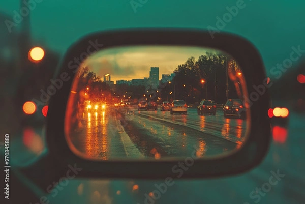 Obraz  The rearview mirror of the car reflects the scenery on both sides, with cars driving along the highway under the sunset sky. Created with Ai