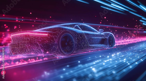 Fototapeta Futuristic Sports Car Races Through a Network of Neon Lights and Glowing Particles - Abstract  Animation with Glowing Lines and Points