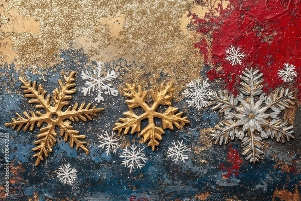 Fototapeta Assortment of golden and white sparkling snowflake ornaments against a glittery background