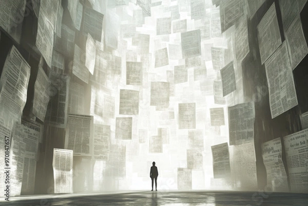 Fototapeta Silhouette of a person standing in a surreal room surrounded by floating documents with text, creating an overwhelming atmosphere