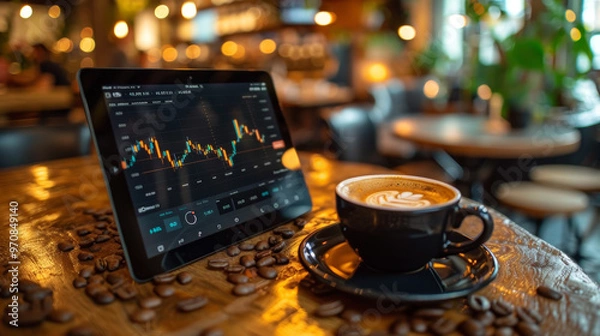 Fototapeta A tablet displaying increasing stock prices sits on wooden table next to cup of coffee, surrounded by coffee beans. warm ambiance creates cozy atmosphere for financial discussions