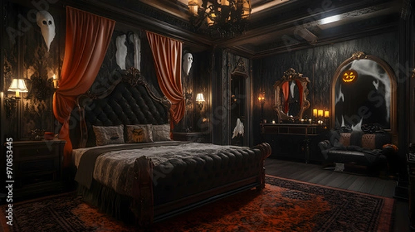 Fototapeta Luxurious hotel suite with a spooky twist, featuring an old-fashioned bed, Halloween-themed decorations, and ghostly figures visible in the mirrors