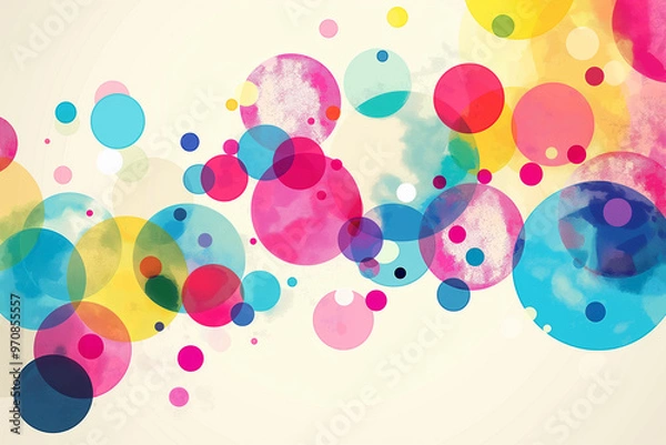Fototapeta An abstract modern art background featuring an array of circles and spots in vibrant, colorful hues including pink, blue, yellow, red, green, and purple
