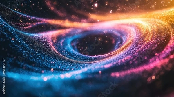 Fototapeta Swirling cosmic vortex with neon lights in space, glowing in blue, orange, and pink