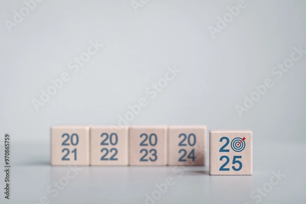 Fototapeta Happy new year 2025 for business target concept. budget planning and management, Setting business goals and strategic plans for 2025