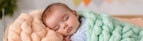 Fototapeta Newborn baby resting in a cozy cradle, covered with a soft blanket, Infant sleep, nurturing, comfort