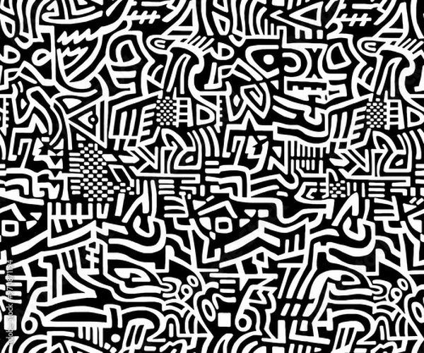 Obraz  Black and white abstract hand-drawn doodles .Seamless pattern.