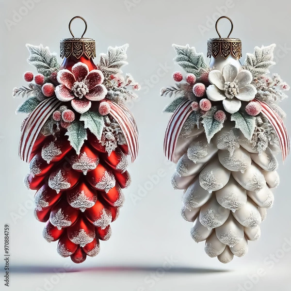 Fototapeta Red and white Christmas pine cone decorated with frosted snowy flowers and bows on white isolated background, 3d