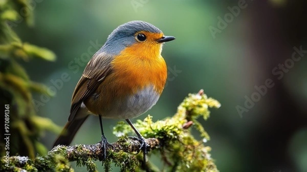 Obraz A Small Bird Perched on a Mossy Branch