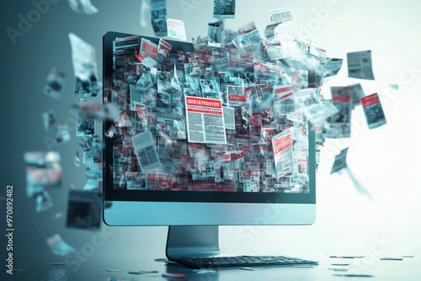 Fototapeta Digital screen with news articles and pages flying out representing information overload, media consumption, digital journalism, and news flow