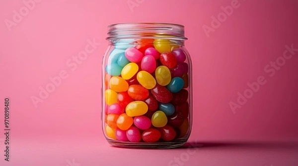 Fototapeta A jar filled with colorful jelly beans against a pink background.