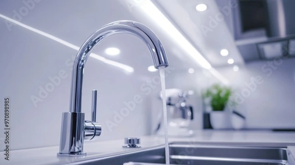 Fototapeta A modern kitchen faucet with running water, highlighting sleek design and functionality.