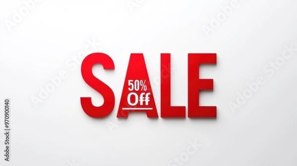 Fototapeta Large red text spelling "SALE 50% OFF" prominently displayed in the center on a light background, indicating a significant discount promotion.