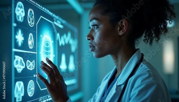 Obraz Black female doctor using futuristic hologram technology for medical research and data analysis, showcasing innovation in artificial intelligence and healthcare development