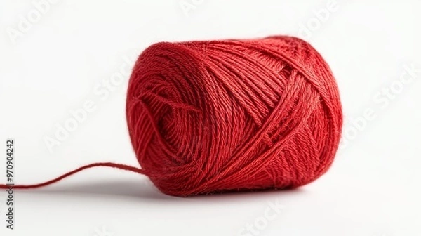 Fototapeta Red thread isolate on white background. Selective focus. Old.