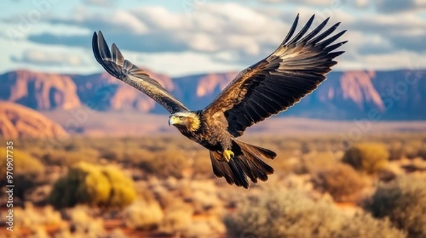 Obraz Wedge-tailed Eagle in Flight Over a Desert Landscape