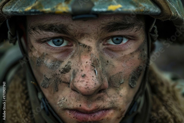 Fototapeta Generated with AI photo of confident soldier fighting battlefield