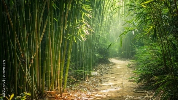 Fototapeta A peaceful path winding through a dense bamboo forest, bathed in soft sunlight filtering through the tall green bamboo stalks. Vertical format photo.
Concept: tranquility, nature, forest adventure, se