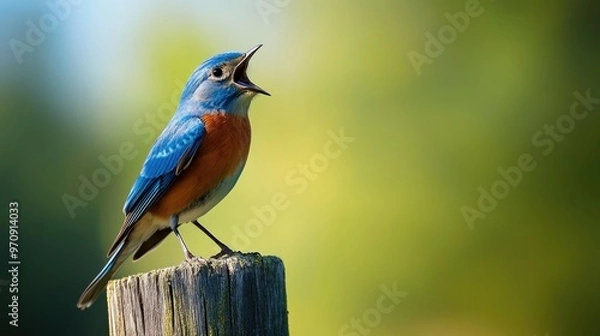 Obraz Bluebird Singing on a Wooden Post