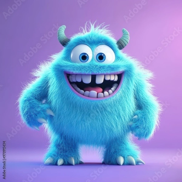 Obraz Cute and furry blue monster with good character, Big eyes and smile. studio render quality. Cartoon style.
