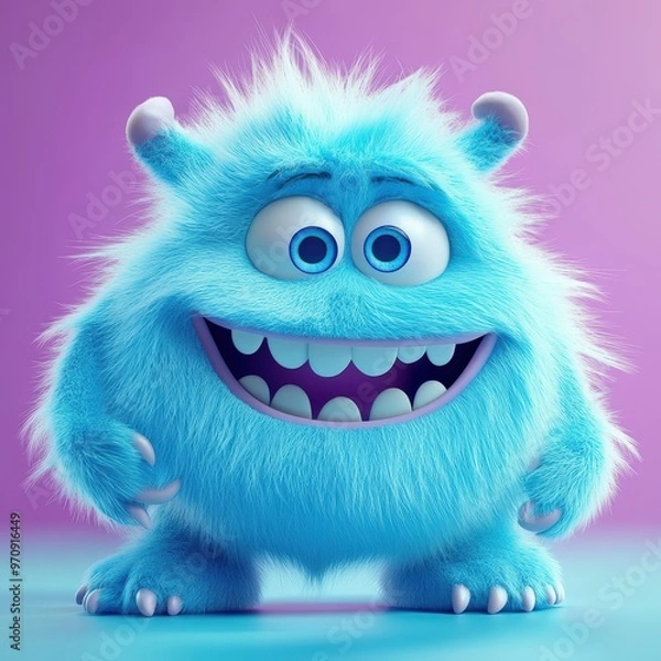 Fototapeta Cute and furry blue monster with good character, Big eyes and smile. studio render quality. Cartoon style.
