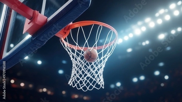Fototapeta A basketball is about to enter the hoop during a game in a stadium.